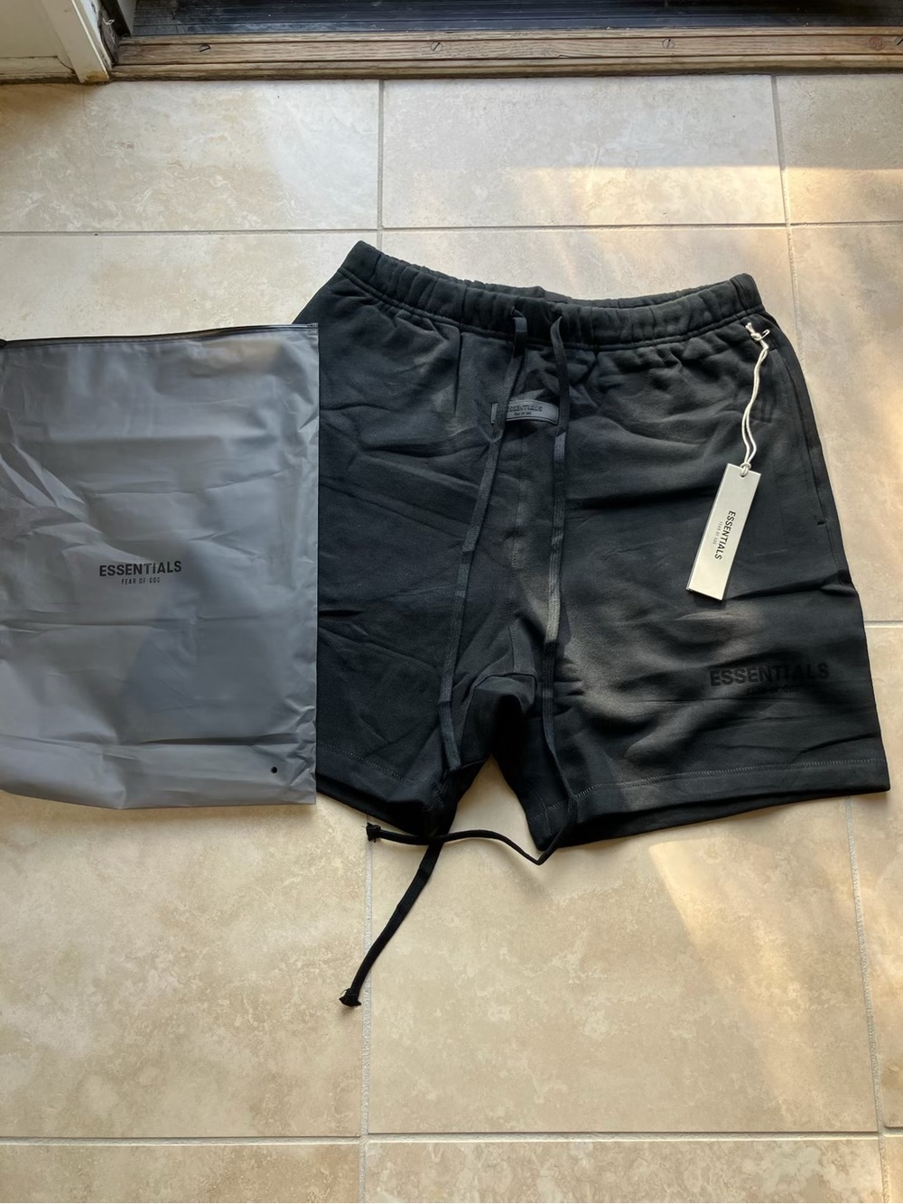 Essentials Black Logo Cotton Blend Drawstring Shorts